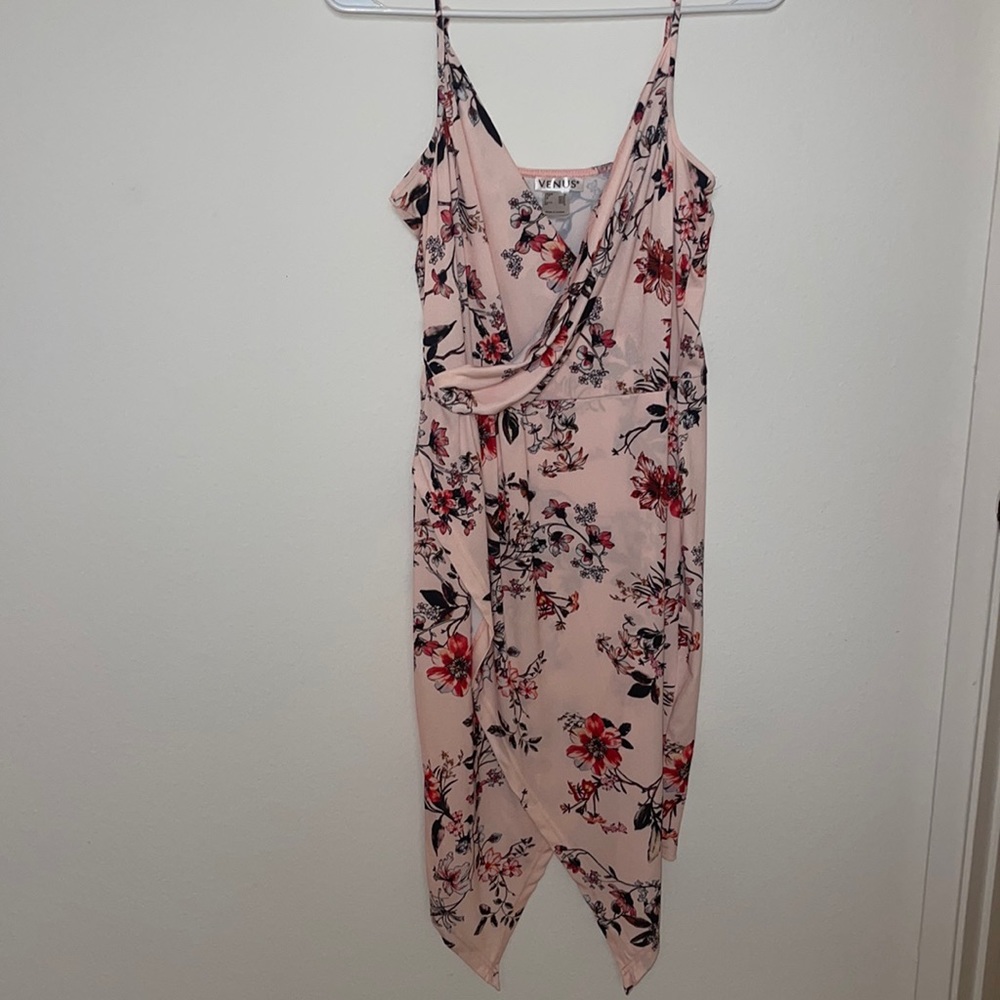 Venus, floral and pink, faux wrapped dress with slit. Never worn.